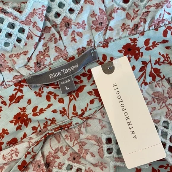 nwt ANTHROPOLOGIE trina bow blouse light blue red floral size large - Picture 6 of 7